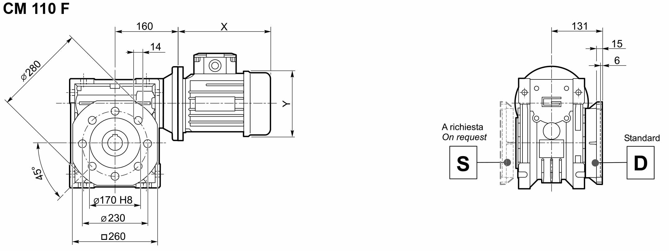 Размеры мотор-редуктора CMP 090/110 в исполнении с фланцем