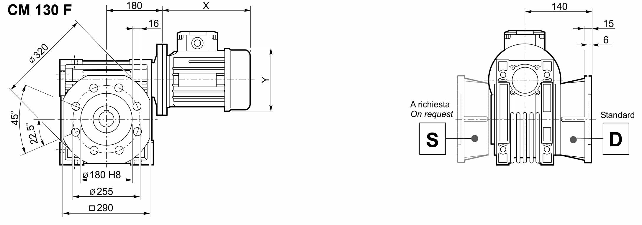 Размеры мотор-редуктора CMP 080/130 в исполнении с фланцем