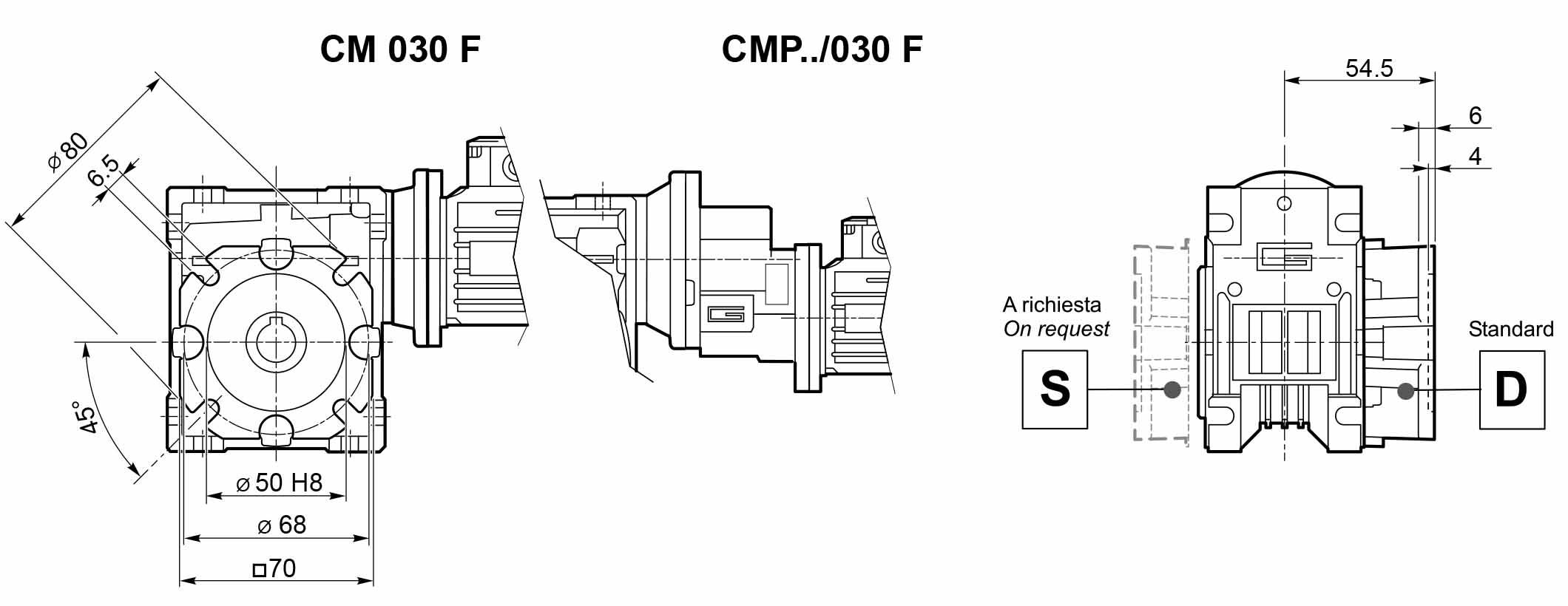 Размеры мотор-редуктора CMP 056/030 в исполнении с фланцем