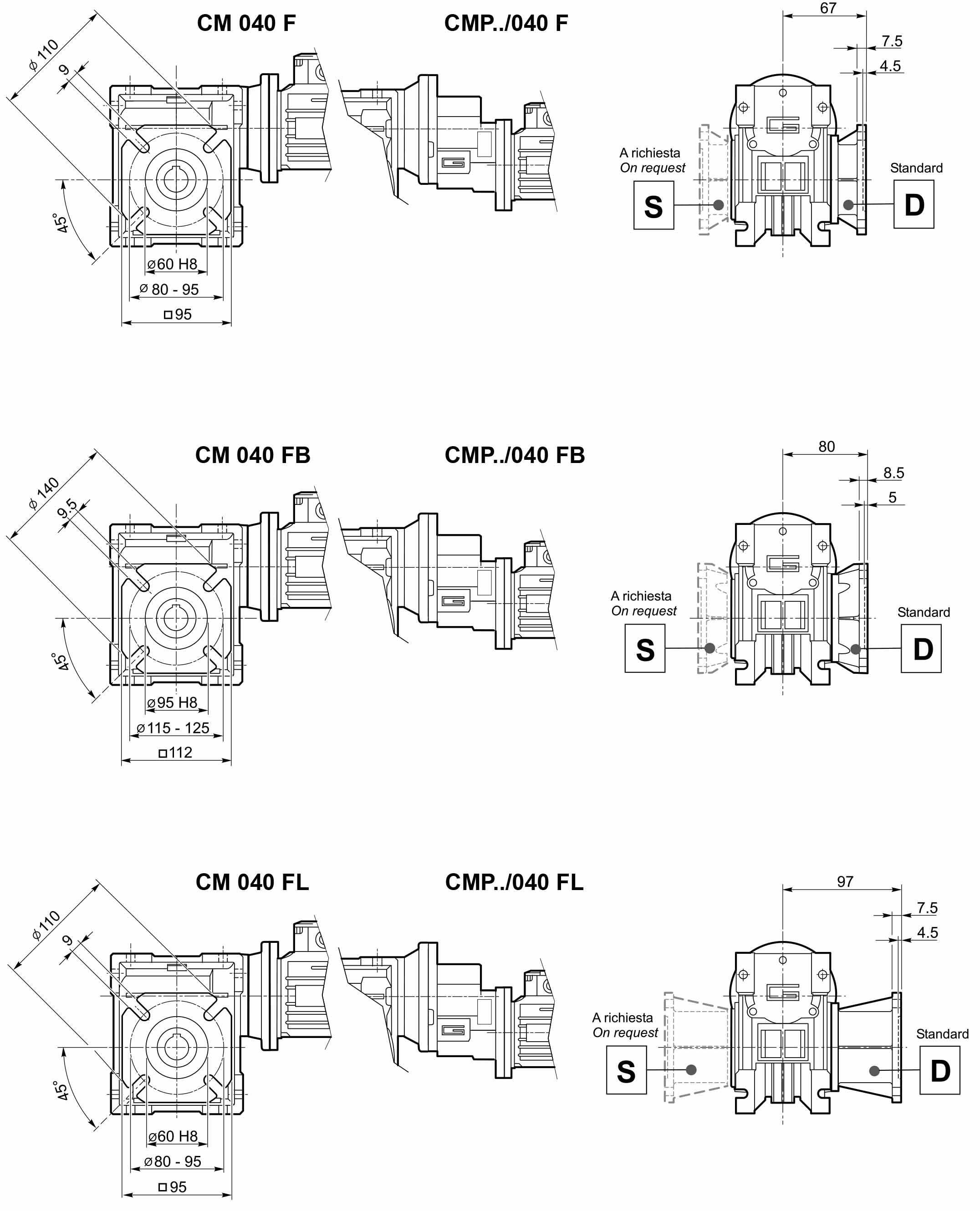 Размеры мотор-редуктора CMP 063/040 в исполнении с фланцем